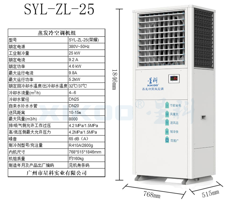 工业蒸发冷省电空调SYL-ZL-25（单面直吹送风）产品参数